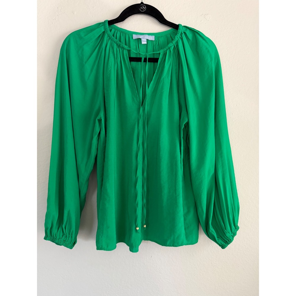Antonio Melani Green Balloon Sleeve Peasant Blouse Split Tie Neck Top Small